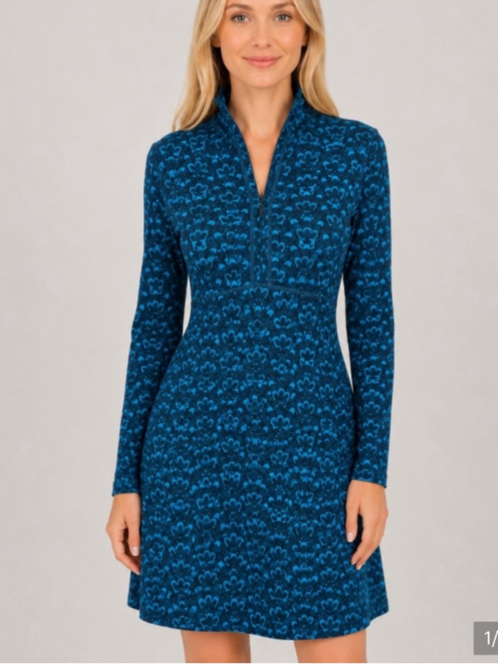 Title Nine Getaway Dress Half Zip Long Sleeve Geometric Print UPF Blue Size M